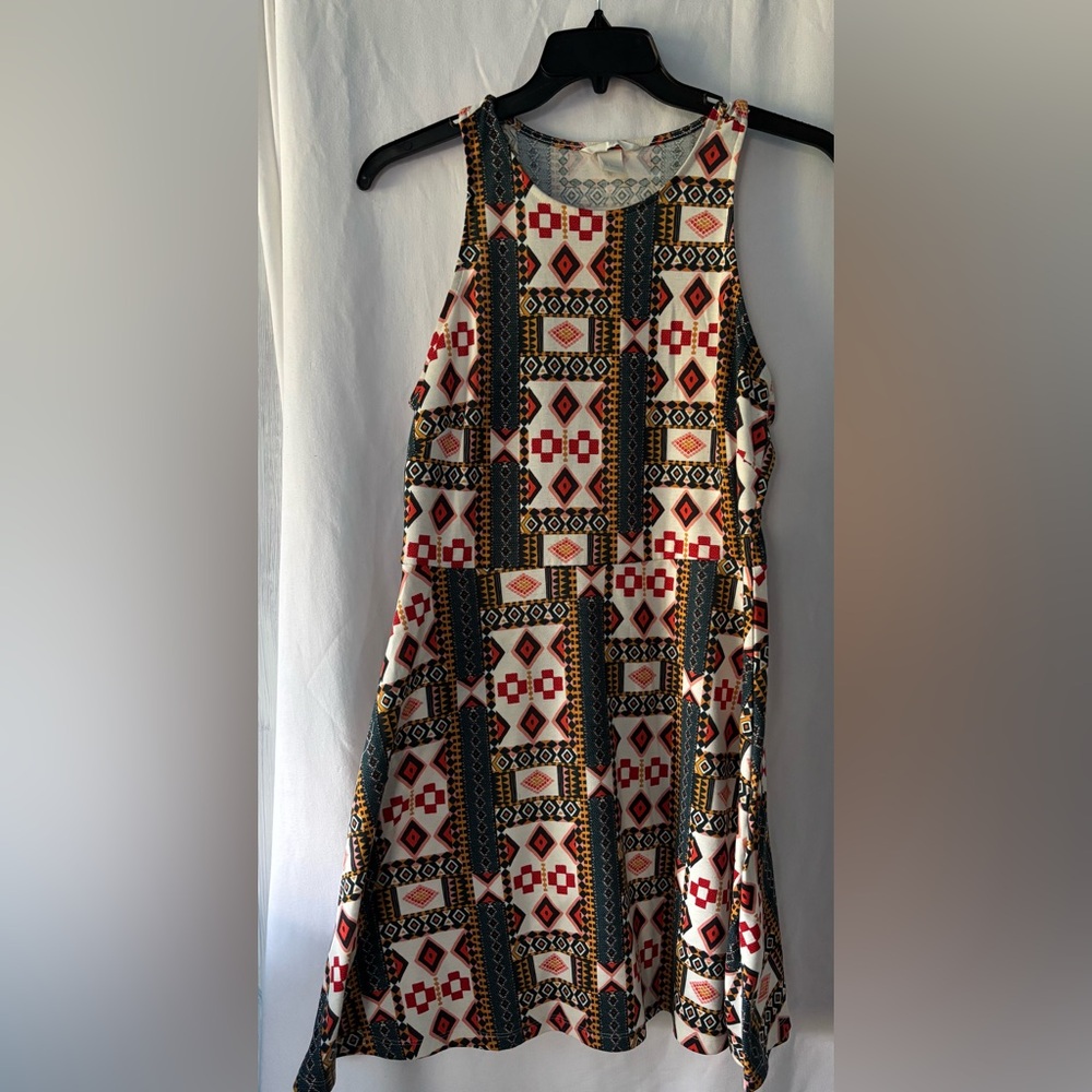 HM Womens‎ Geometric Tribal Print Skater Dress Sleeveless Mini Multi Color Large